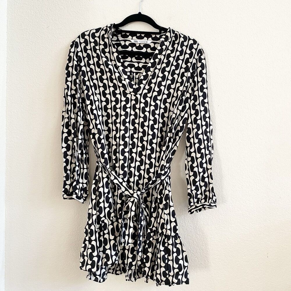 Zara The‎ Paula Dress Women's XS Black/Cream Retro Geometric Print Flowy Tunic - Picture 2 of 11